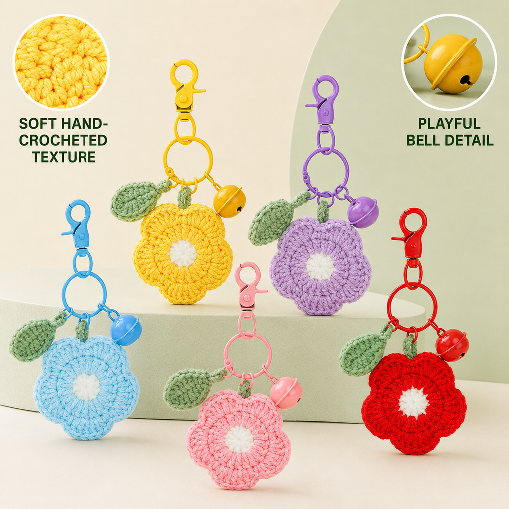 MUGRS Handmade Plush Crochet Flower Keychain Set – Knitted Bag Charms