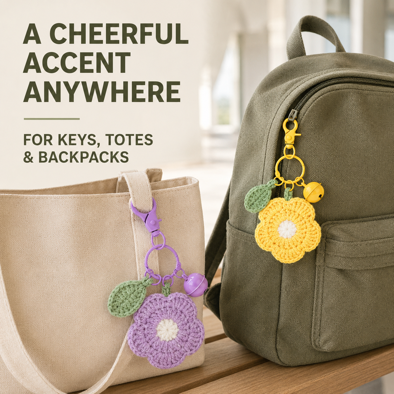MUGRS Handmade Plush Crochet Flower Keychain Set – Knitted Bag Charms