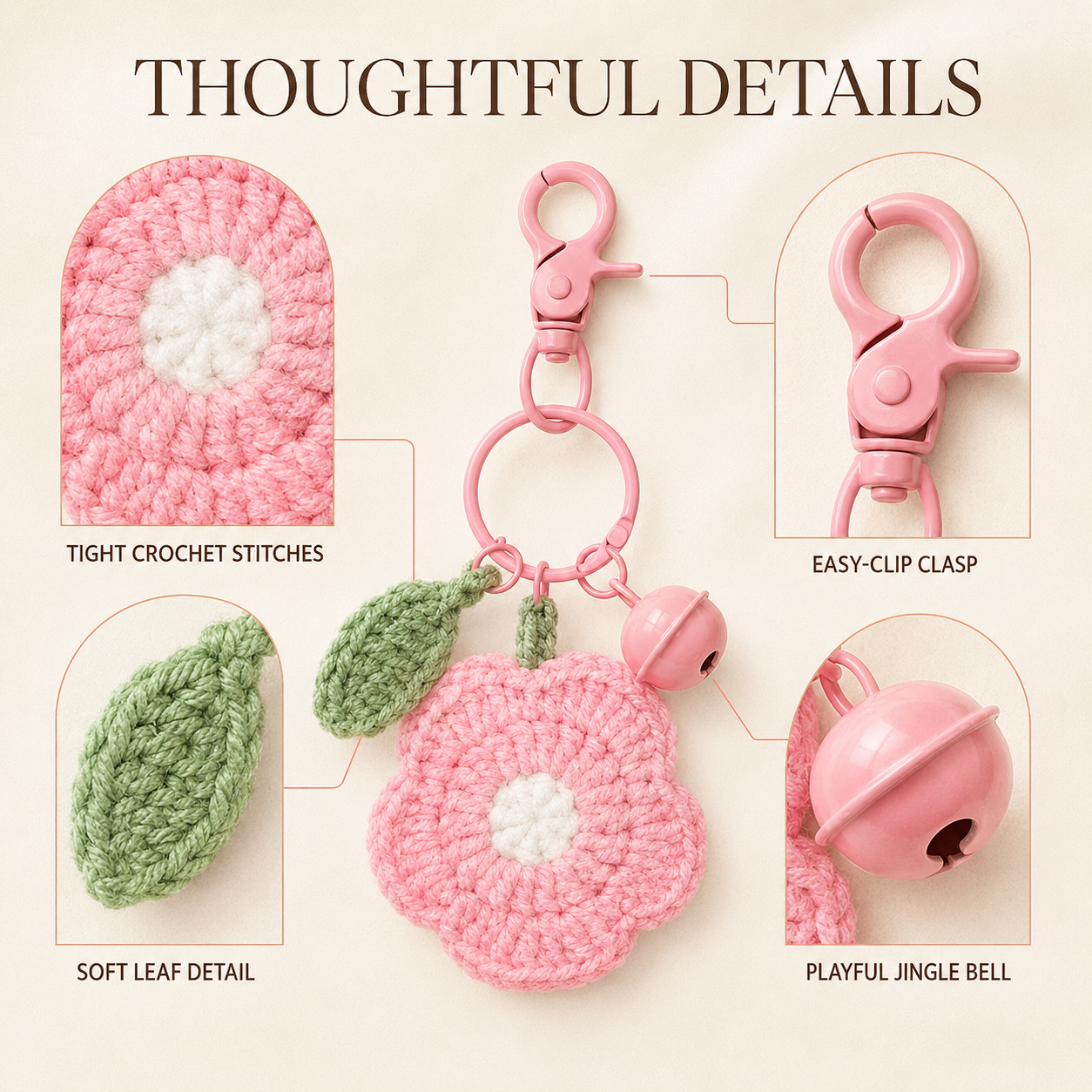MUGRS Handmade Plush Crochet Flower Keychain Set – Knitted Bag Charms