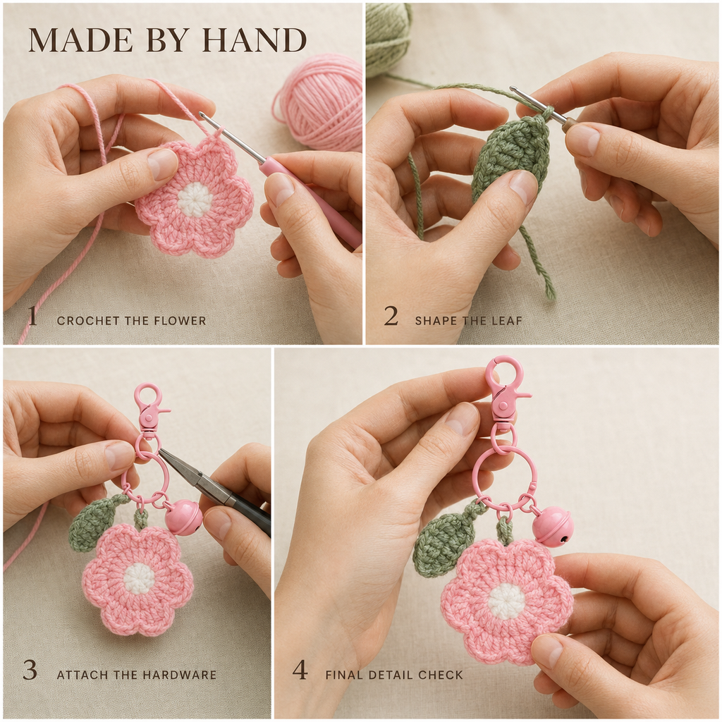 MUGRS Handmade Plush Crochet Flower Keychain Set – Knitted Bag Charms