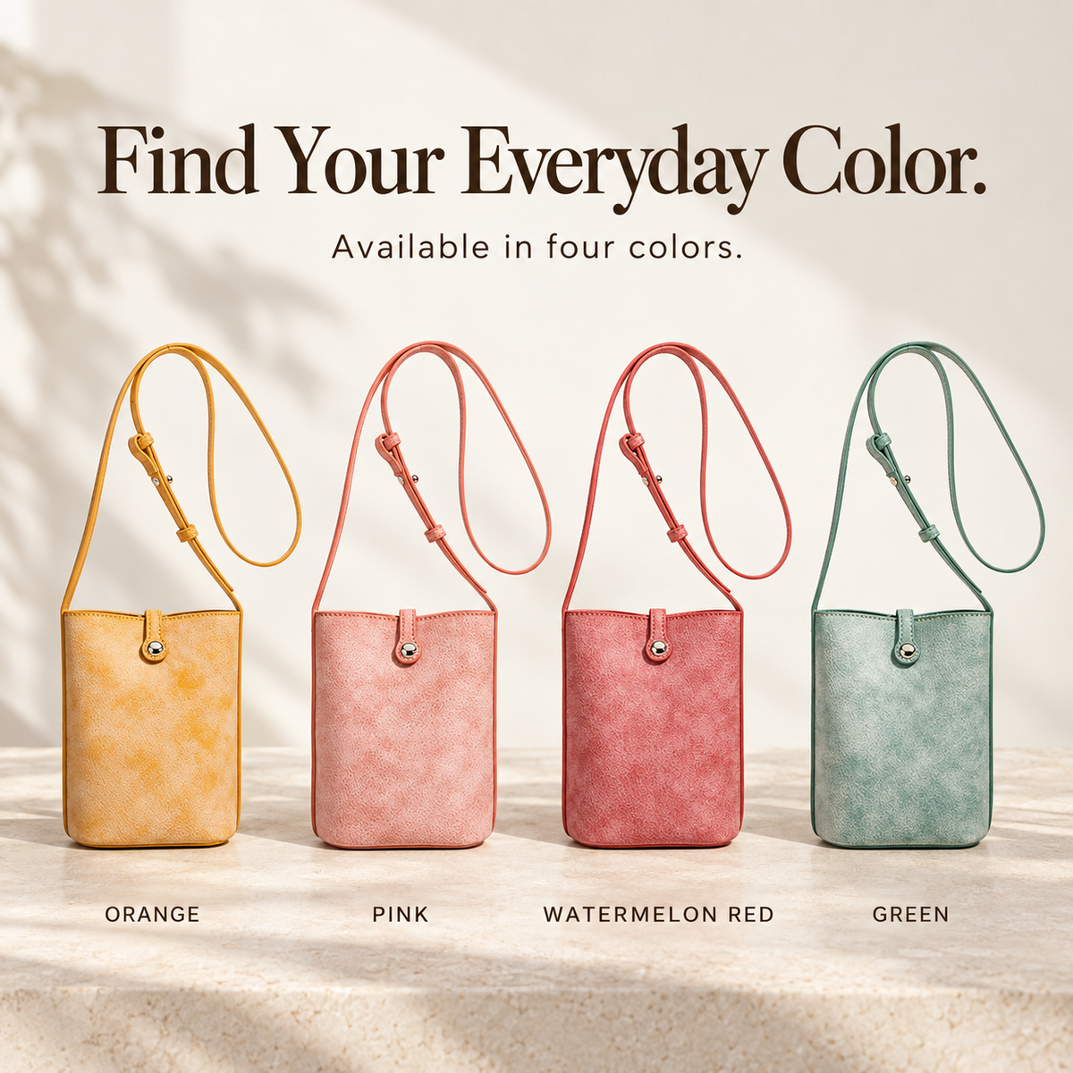 MUGRS leather crossbody phone bag in Orange, Pink, Watermelon Red and Green – find your everyday color