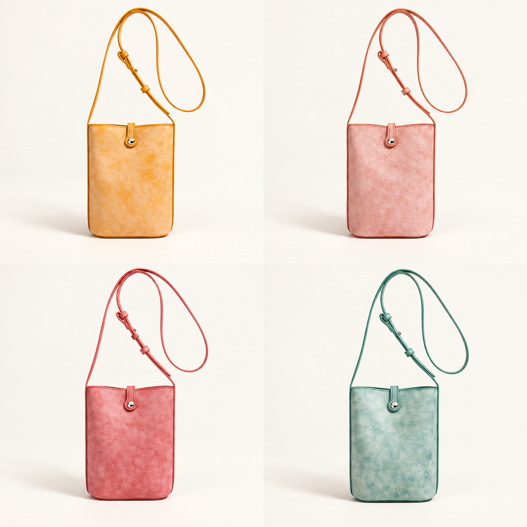 MUGRS small crossbody phone bag in 4 colors – Orange, Pink, Watermelon Red and Green side by side