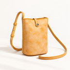 MUGRS women's crossbody phone bag in Orange – front view, vegetable-tanned leather, adjustable strap